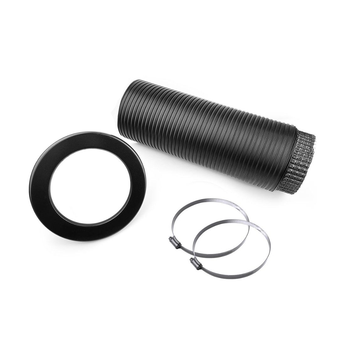 Aluflex Set DN 100 mm Schwarz, Aluflexrohr 1,5 m inkl. Rosette und Schellen – Image 2